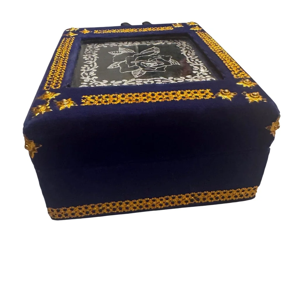 Vintage Blue Velvet Box Persian Design Glass Lid Ornate Trim Display Compartment